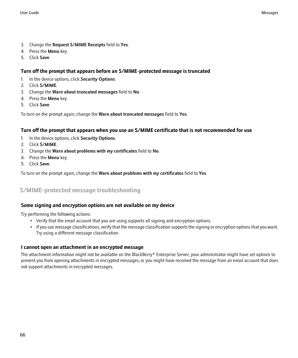 S/mime-protected message troubleshooting | Blackberry 9000 User Manual | Page 68 / 275
