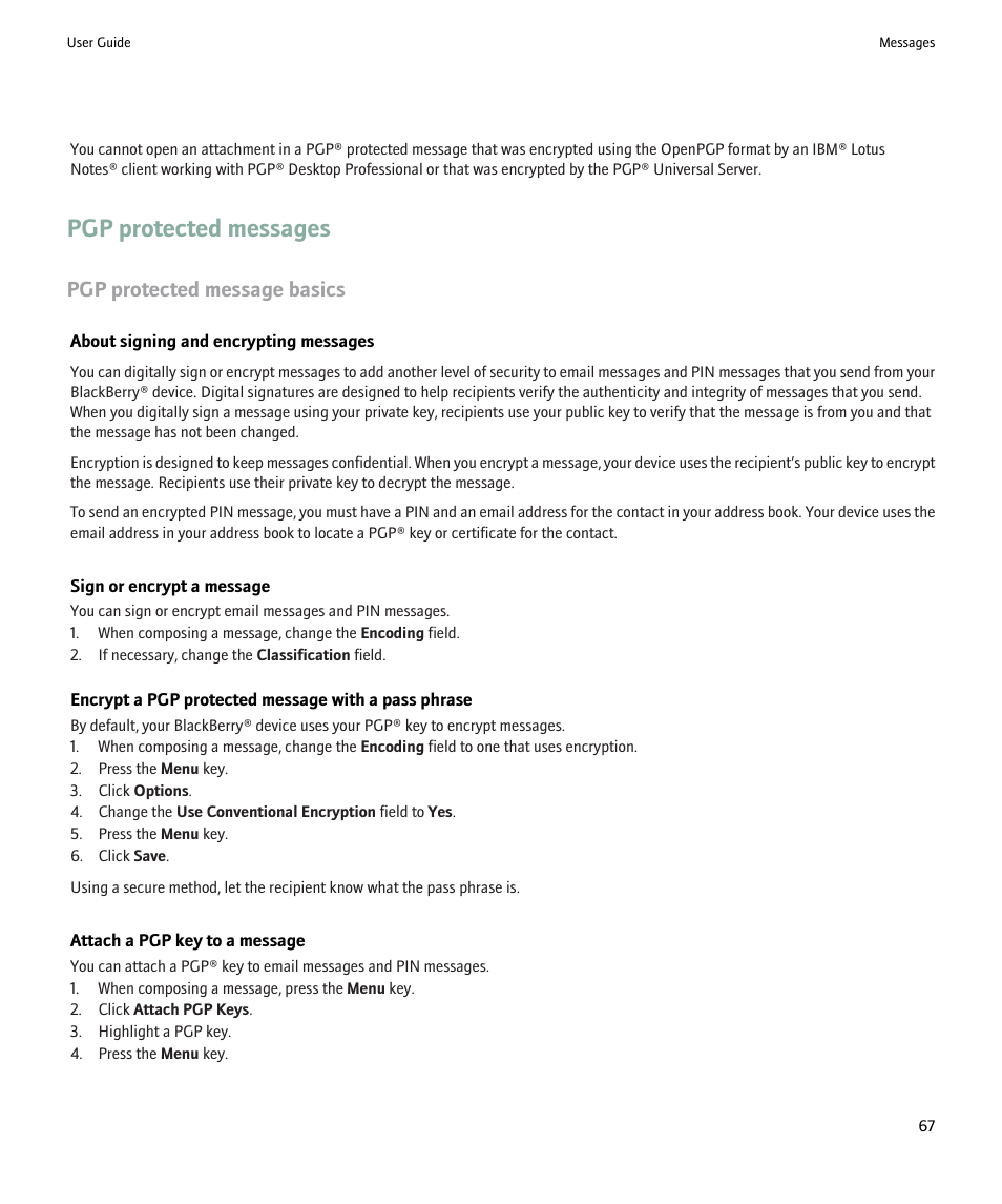 Pgp protected messages, Pgp protected message basics | Blackberry 9000 User Manual | Page 69 / 275
