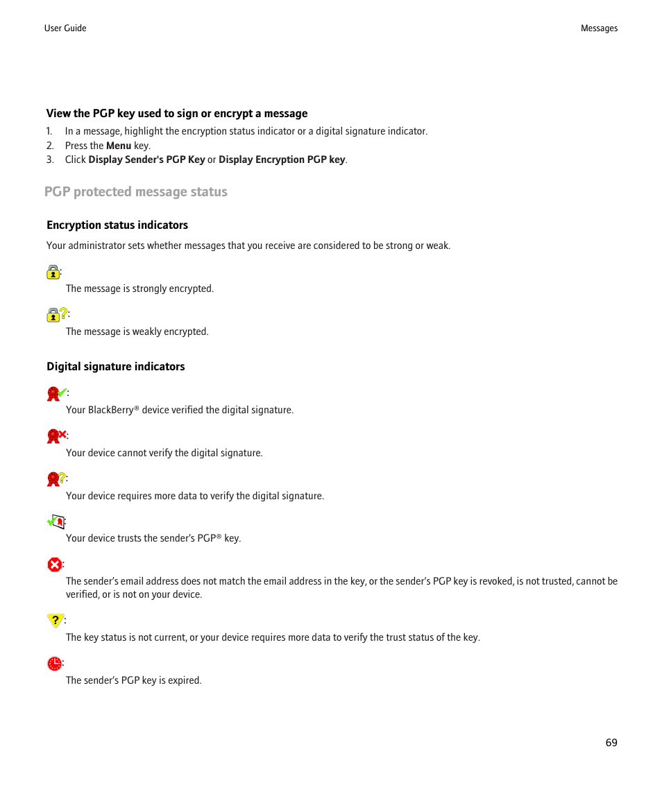 Pgp protected message status | Blackberry 9000 User Manual | Page 71 / 275