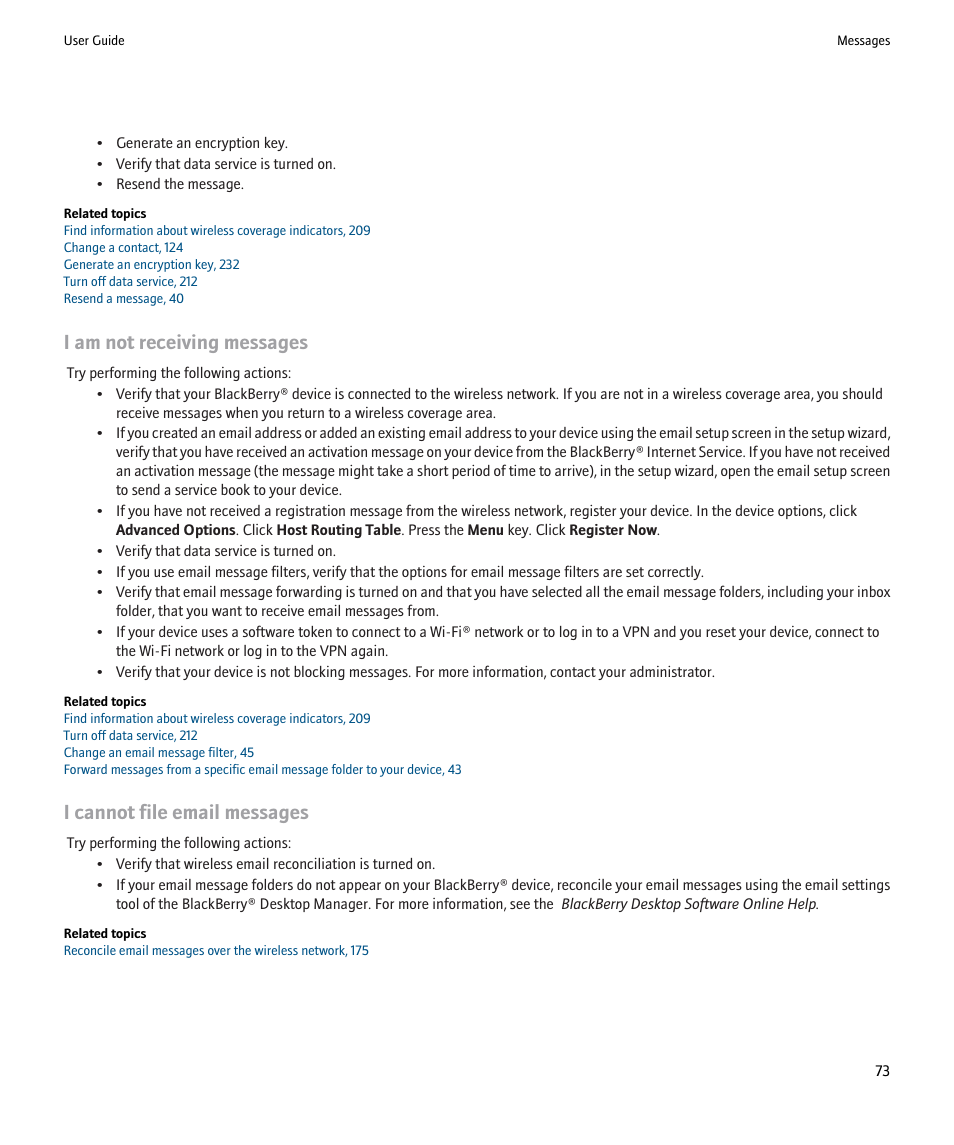 I am not receiving messages, I cannot file email messages | Blackberry 9000 User Manual | Page 75 / 275