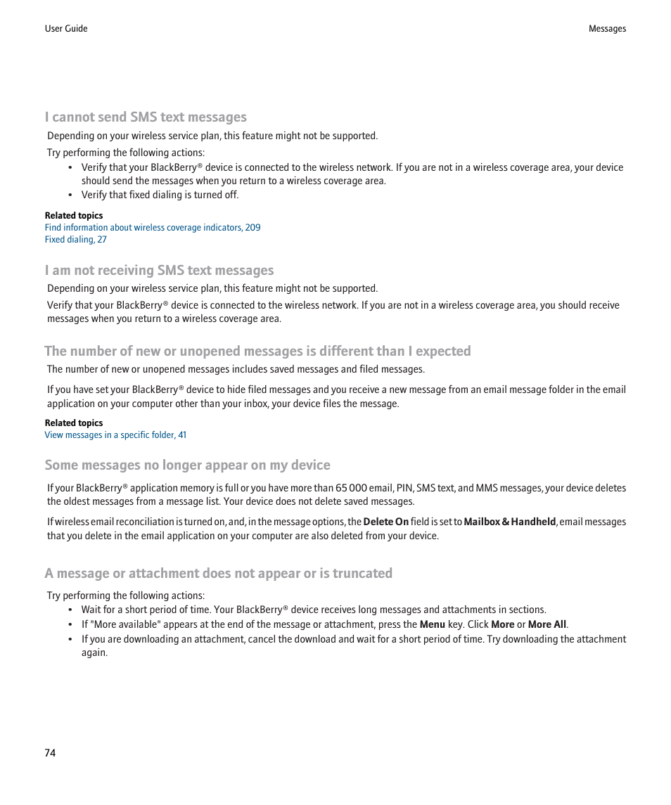 I cannot send sms text messages, I am not receiving sms text messages, Some messages no longer appear on my device | Blackberry 9000 User Manual | Page 76 / 275