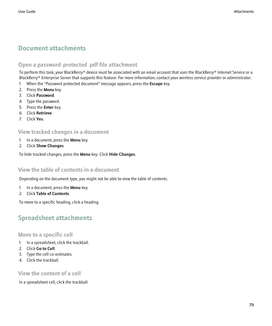 Document attachments, Spreadsheet attachments, Open a password-protected .pdf file attachment | View tracked changes in a document, View the table of contents in a document, Move to a specific cell, View the content of a cell | Blackberry 9000 User Manual | Page 81 / 275