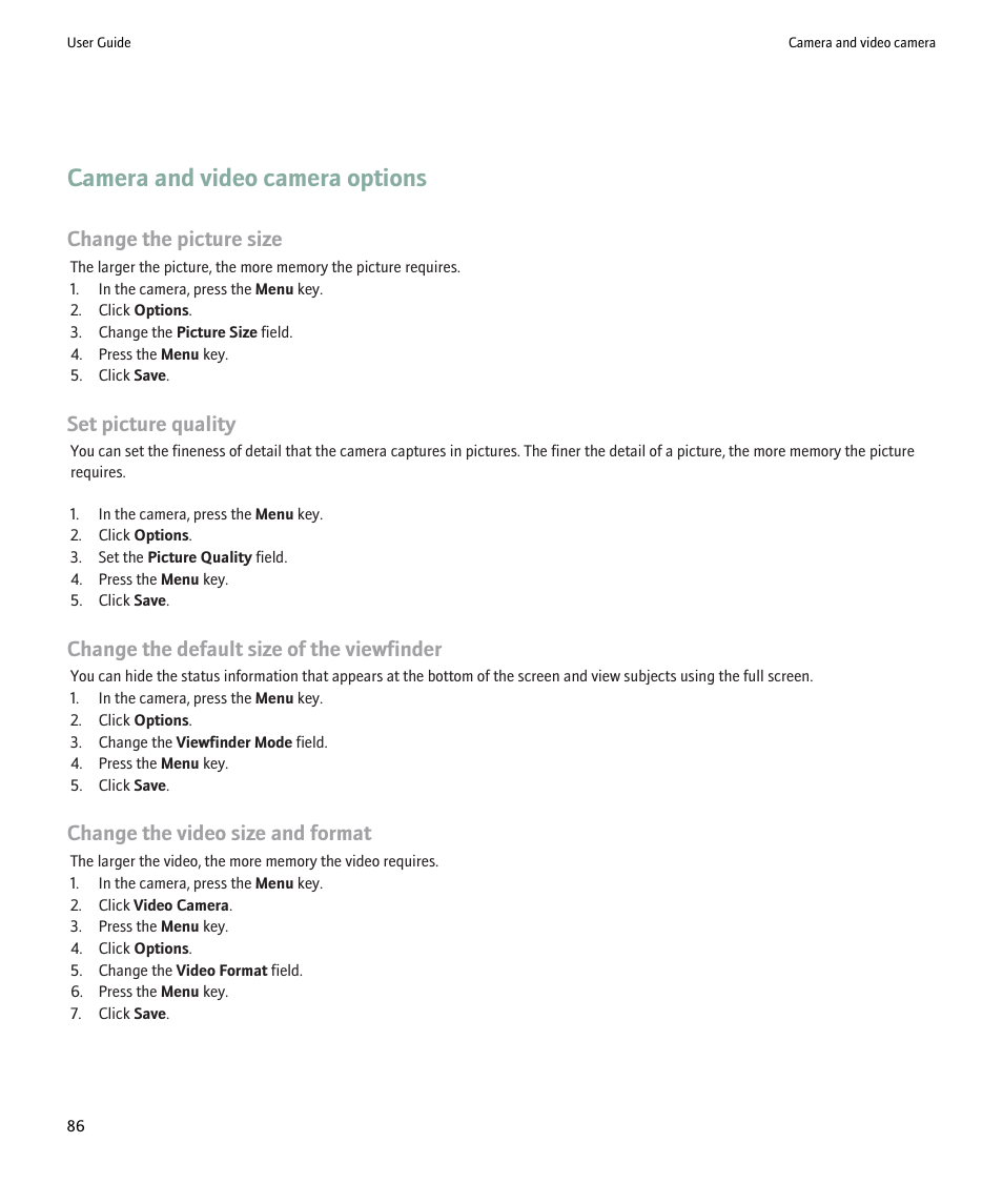 Camera and video camera options, Change the picture size, Set picture quality | Change the default size of the viewfinder, Change the video size and format | Blackberry 9000 User Manual | Page 88 / 275