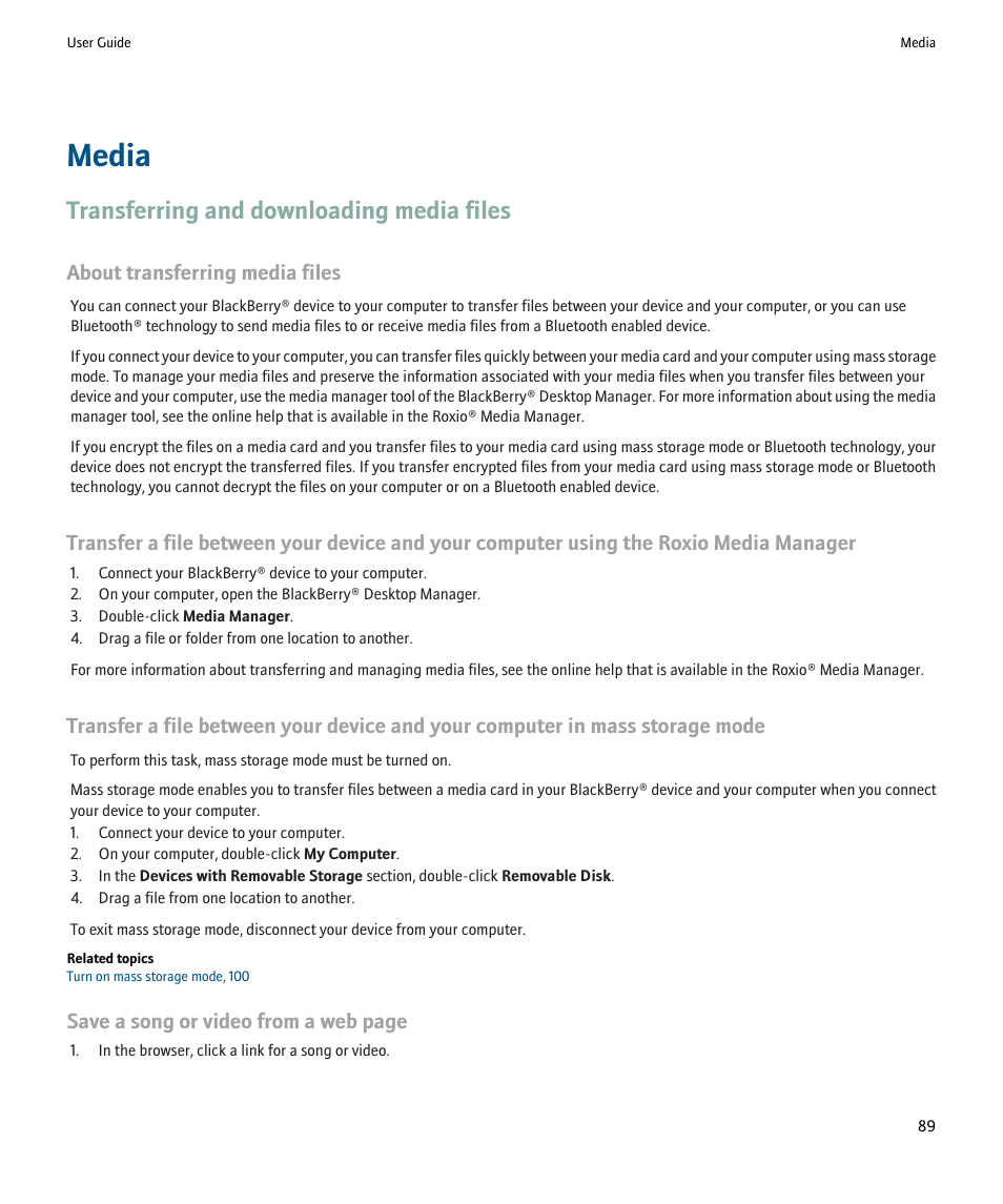 Media, Transferring and downloading media files, About transferring media files | Save a song or video from a web page | Blackberry 9000 User Manual | Page 91 / 275