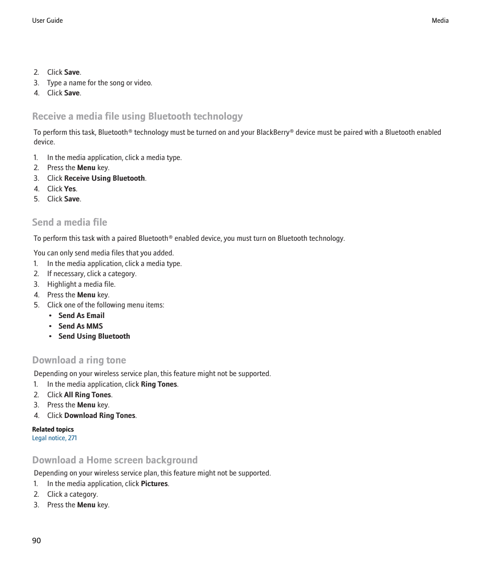 Receive a media file using bluetooth technology, Send a media file, Download a ring tone | Download a home screen background | Blackberry 9000 User Manual | Page 92 / 275