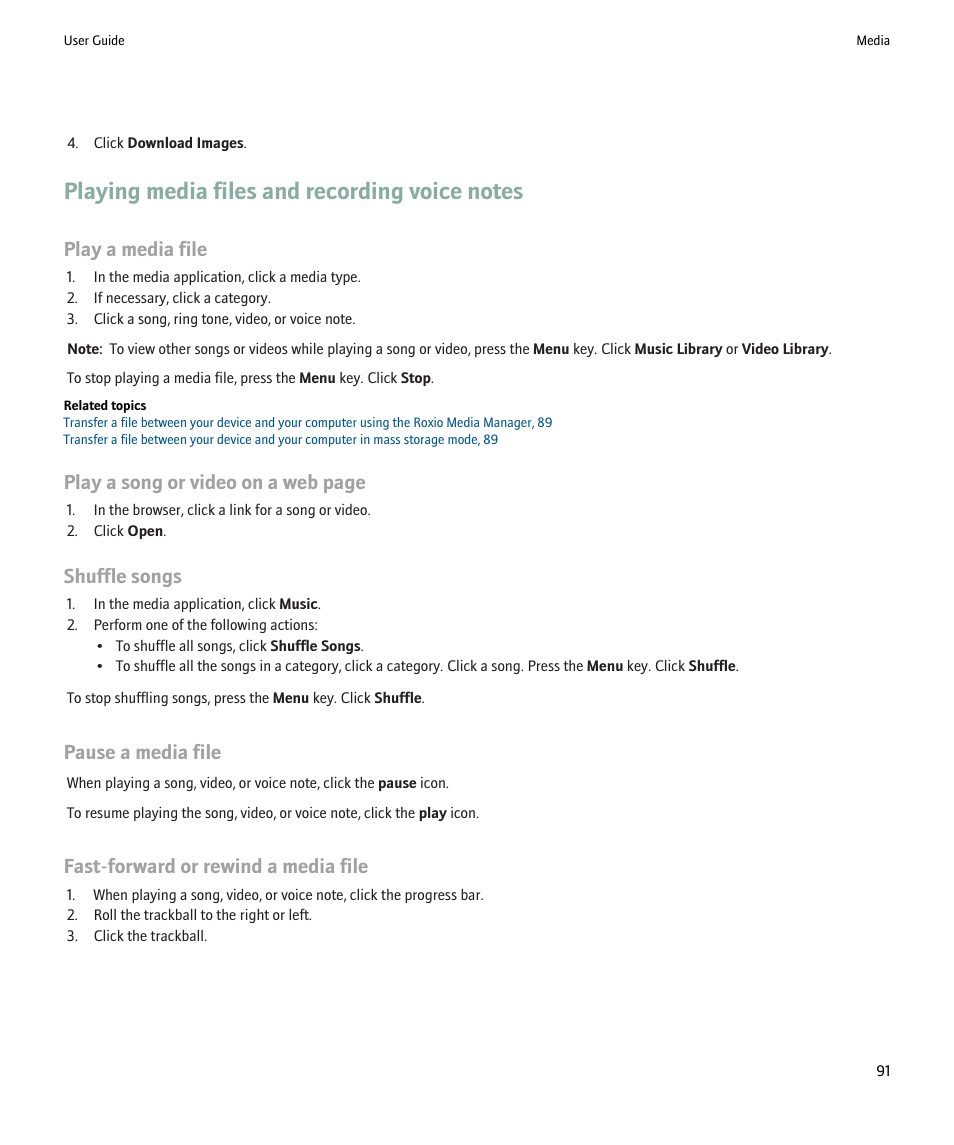 Playing media files and recording voice notes, Play a media file, Play a song or video on a web page | Shuffle songs, Pause a media file, Fast-forward or rewind a media file | Blackberry 9000 User Manual | Page 93 / 275