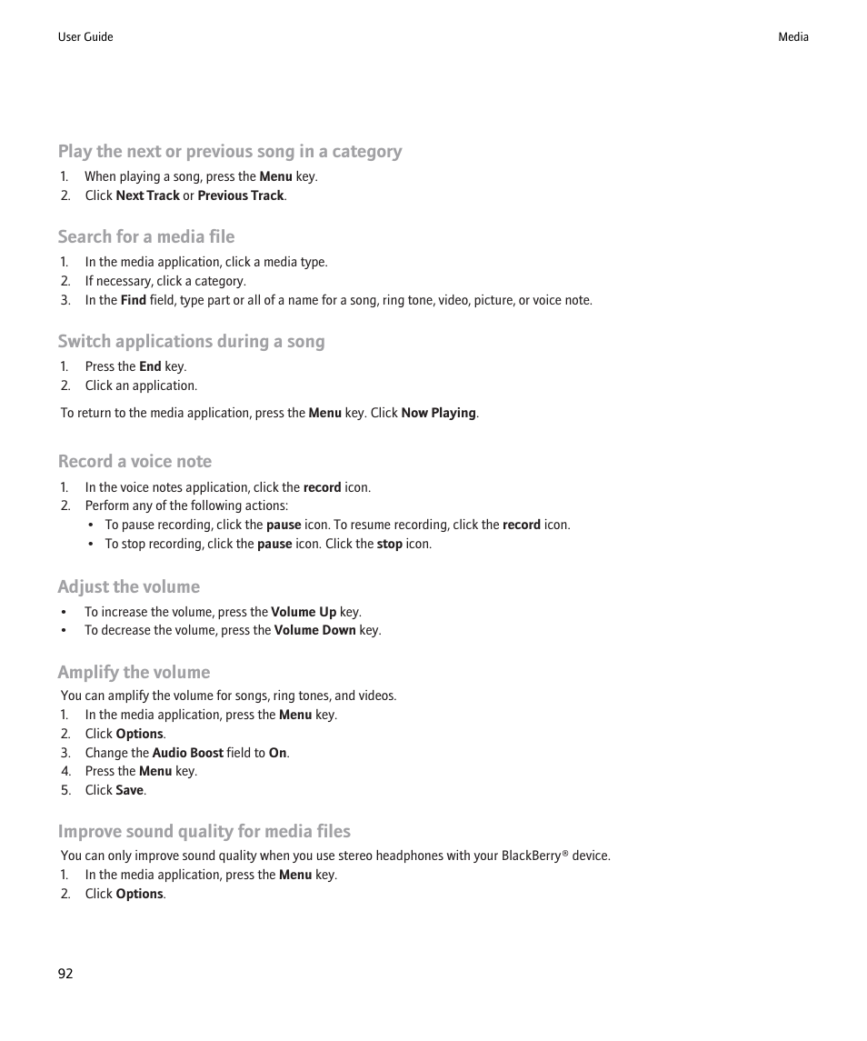 Play the next or previous song in a category, Search for a media file, Switch applications during a song | Adjust the volume, Amplify the volume, Improve sound quality for media files | Blackberry 9000 User Manual | Page 94 / 275
