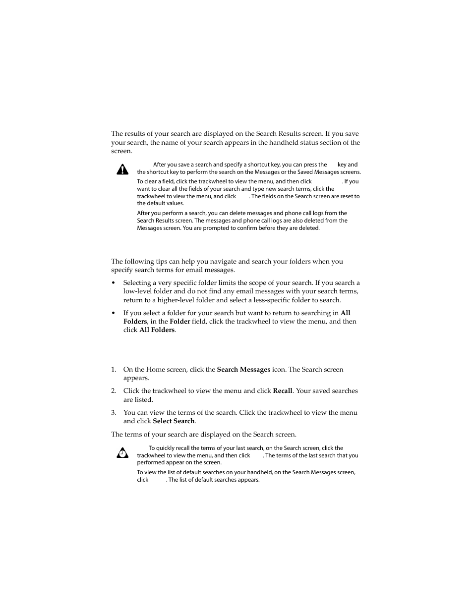 To recall a search, Searching in folders | Blackberry 6210 User Manual | Page 102 / 311