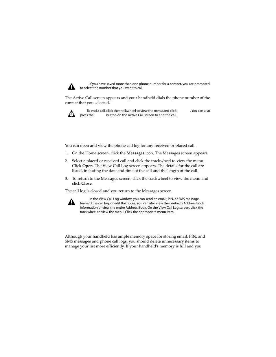 To view phone call logs on the messages screen, Deleting messages and phone call logs | Blackberry 6210 User Manual | Page 108 / 311
