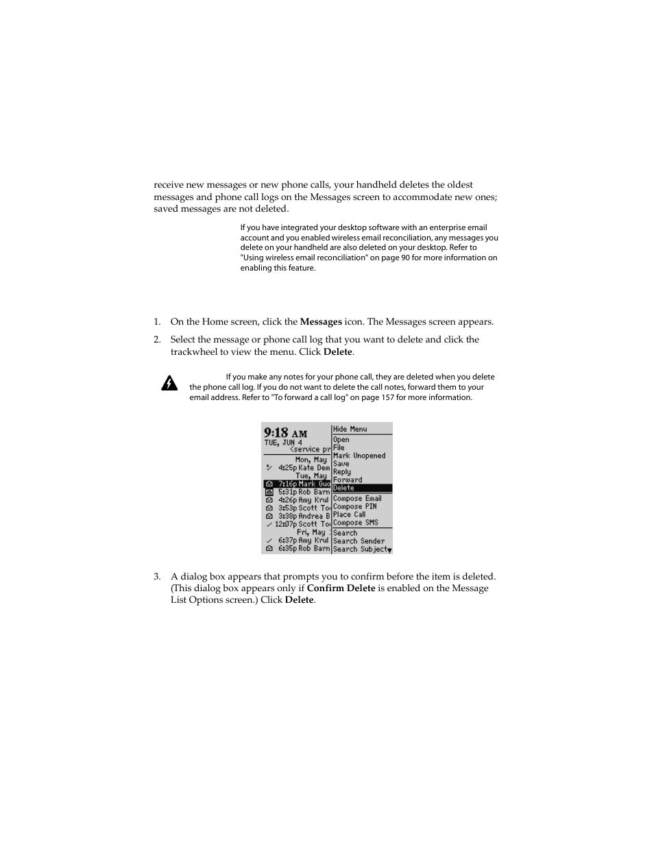 To delete a message or phone call log | Blackberry 6210 User Manual | Page 109 / 311