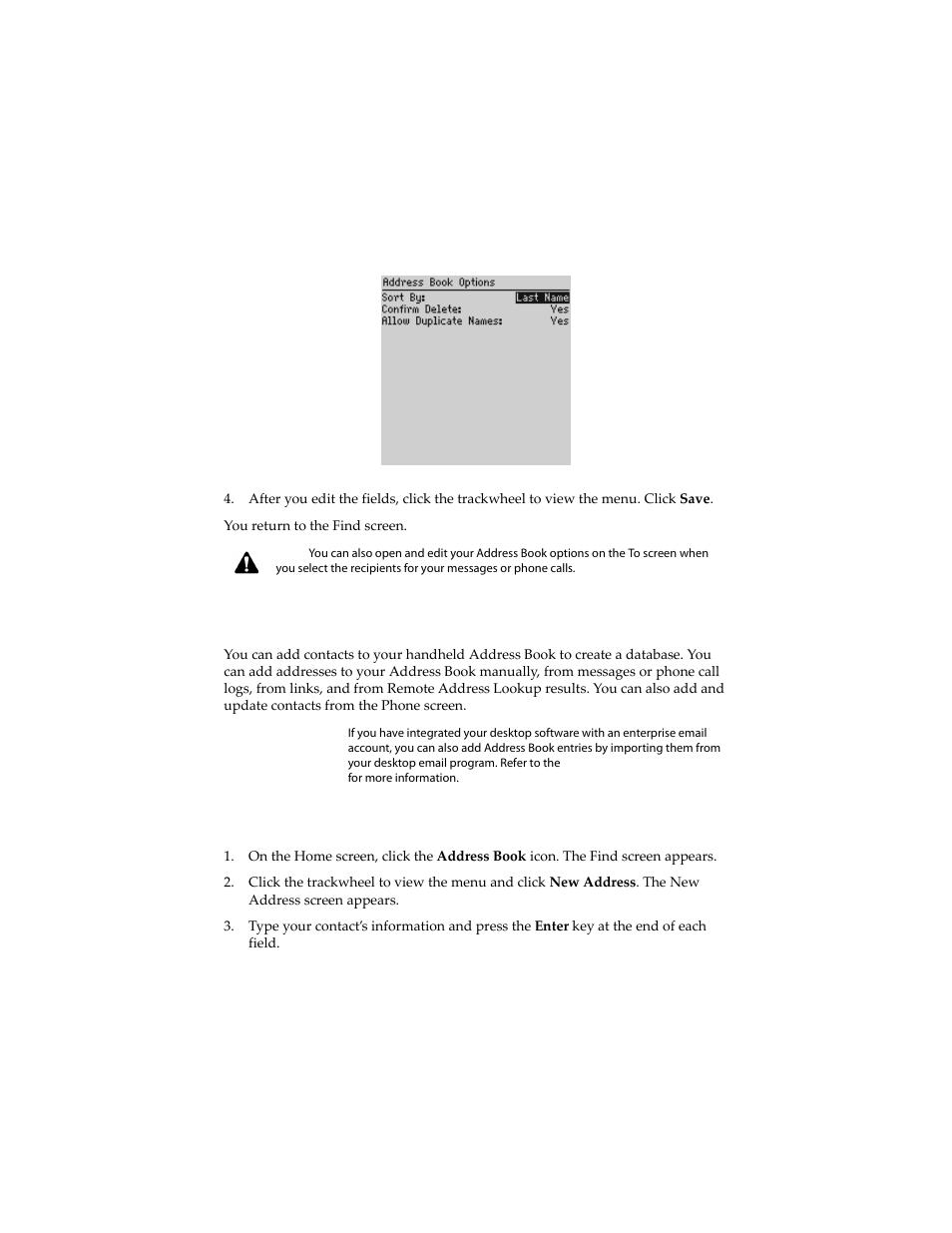 Adding addresses, To add addresses manually | Blackberry 6210 User Manual | Page 117 / 311