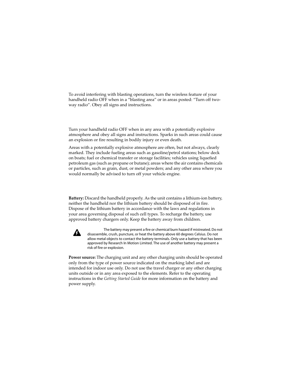 Blasting areas, Potentially explosive atmospheres, Additional safety guidelines | Blackberry 6210 User Manual | Page 12 / 311