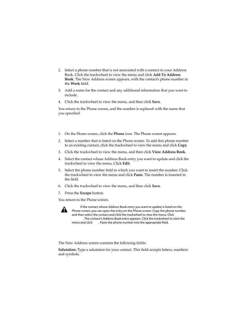To update addresses from the phone screen, Address book fields | Blackberry 6210 User Manual | Page 120 / 311
