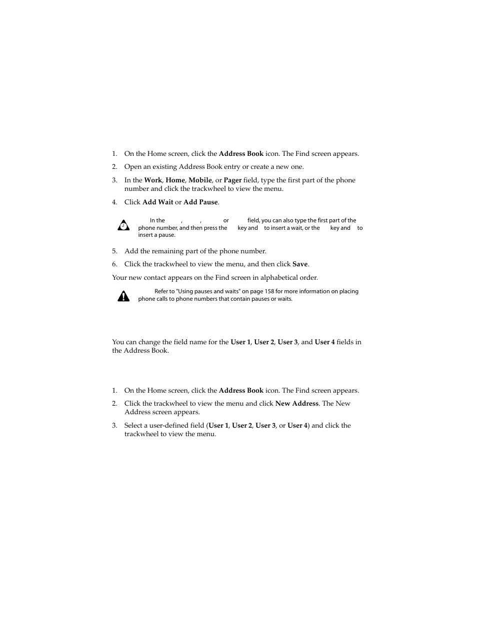 To add pauses and waits, Changing user-defined field names, To change user-defined field names | Blackberry 6210 User Manual | Page 123 / 311