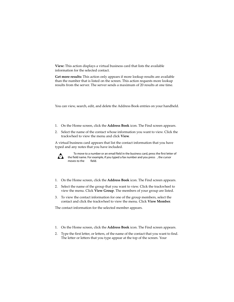 Managing address book entries, To view individual address book entries, To view group address book entries | To search local address book entries | Blackberry 6210 User Manual | Page 127 / 311