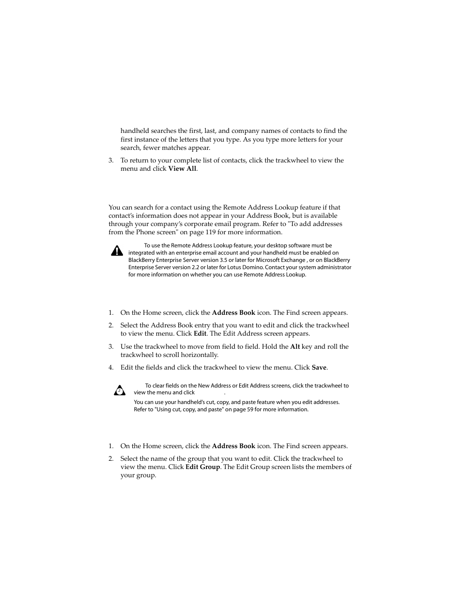 To search a remote address directory, To edit individual address book entries, To edit group address book entries | Blackberry 6210 User Manual | Page 128 / 311