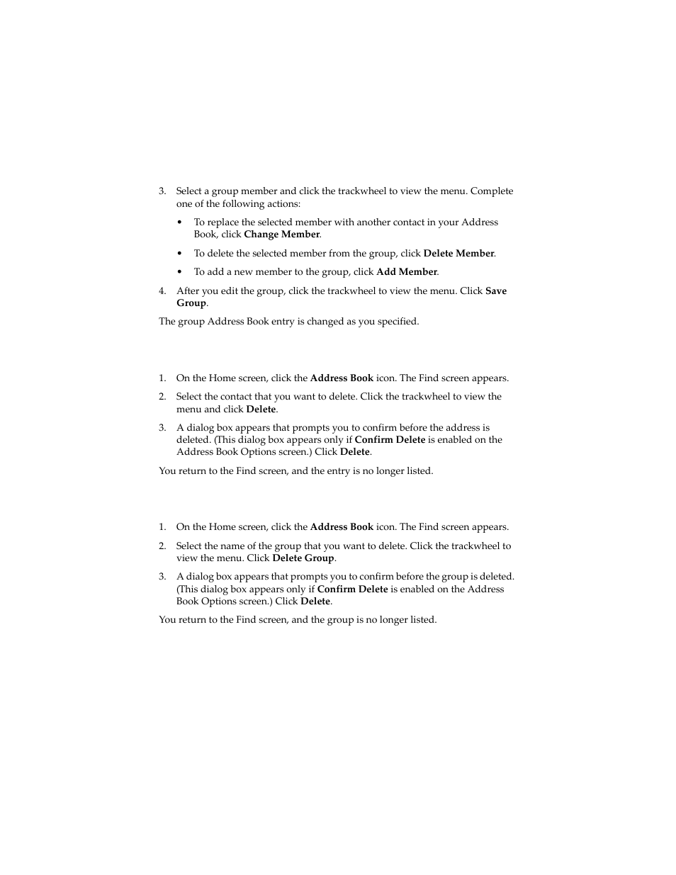 To delete address book entries, To delete group address book entries | Blackberry 6210 User Manual | Page 129 / 311