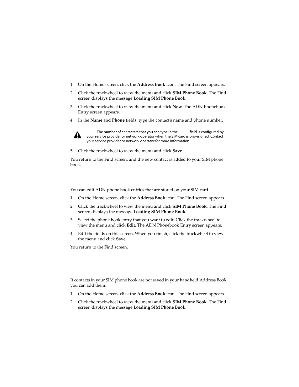 To edit a sim phone book entry, To add sim phone book entries to the address book | Blackberry 6210 User Manual | Page 131 / 311