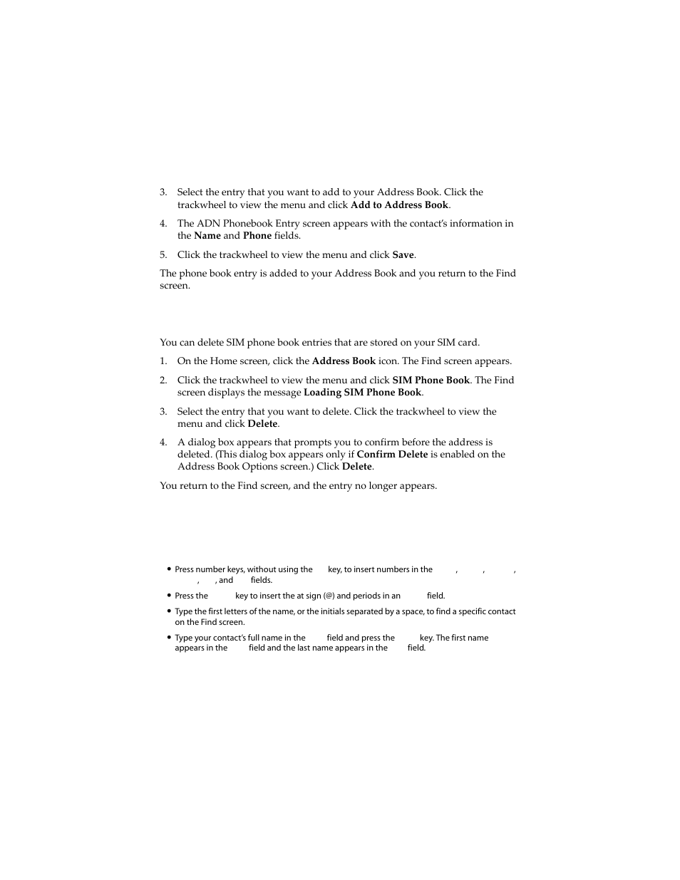 To delete a sim phone book entry, Tips for using the address book application | Blackberry 6210 User Manual | Page 132 / 311