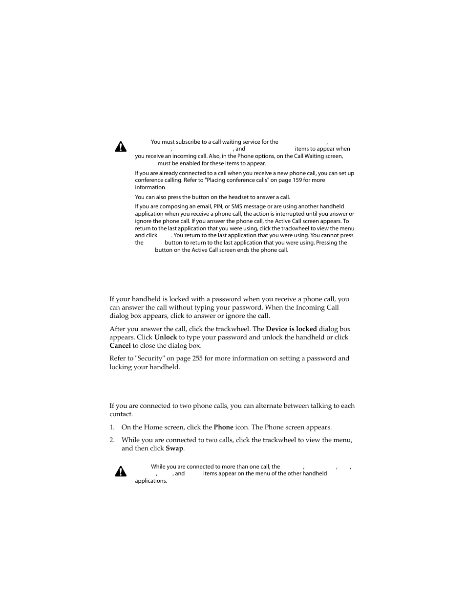 Answering phone calls when the handheld is locked, To swap phone calls | Blackberry 6210 User Manual | Page 139 / 311