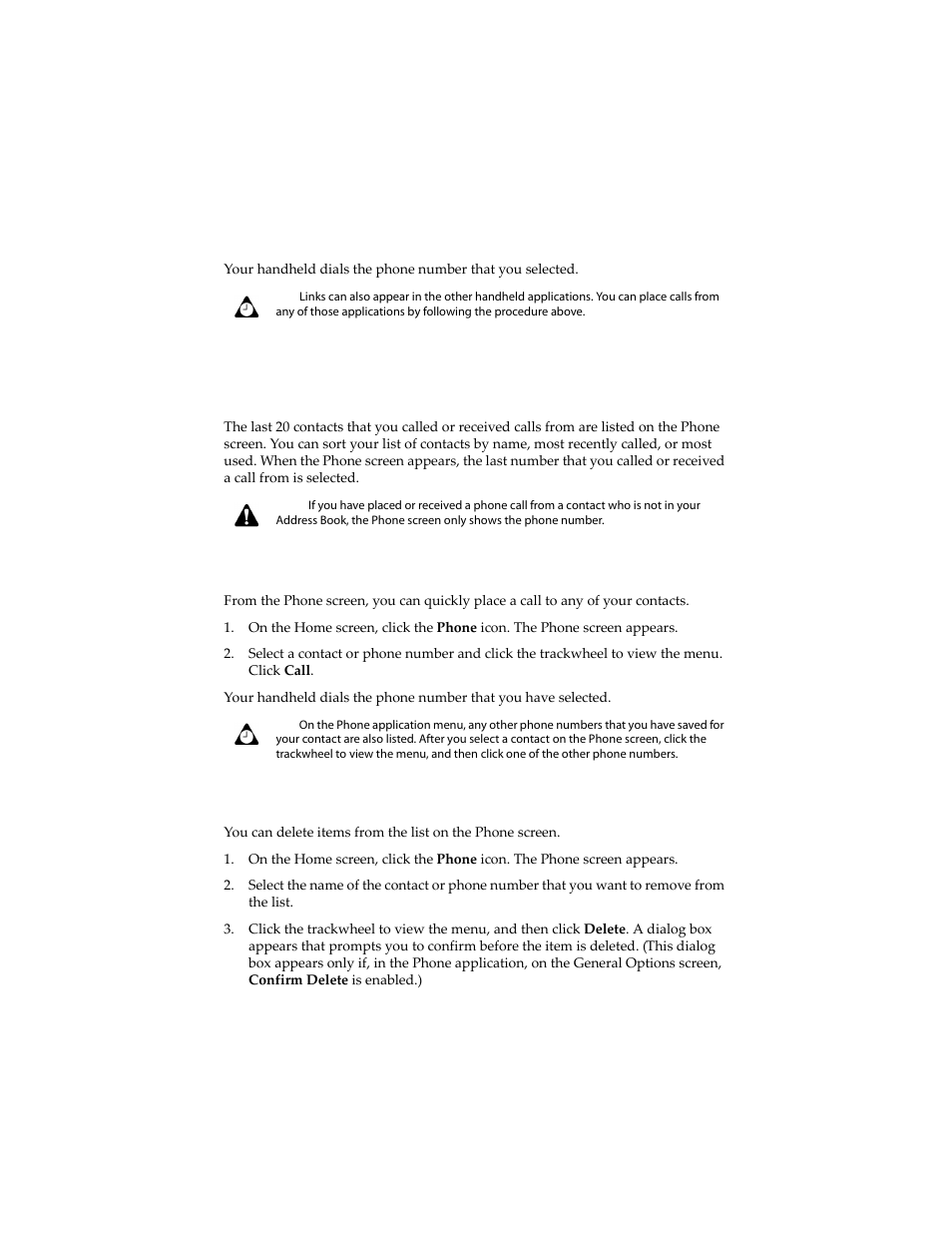 Managing phone calls on the phone screen, To place calls from the phone screen, To delete items on the phone screen | Blackberry 6210 User Manual | Page 145 / 311