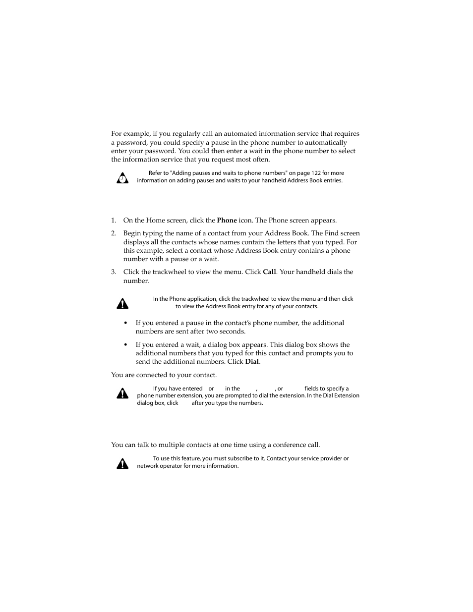 To place calls using pauses or waits, Placing conference calls | Blackberry 6210 User Manual | Page 159 / 311