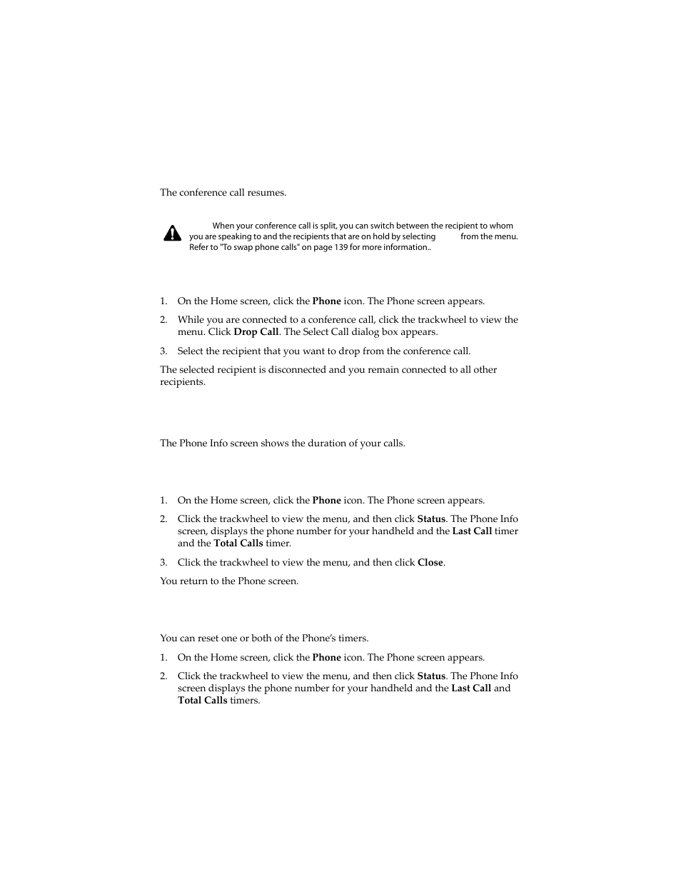 To disconnect conference call recipients, Viewing phone status, To view phone status | To reset call timers | Blackberry 6210 User Manual | Page 161 / 311