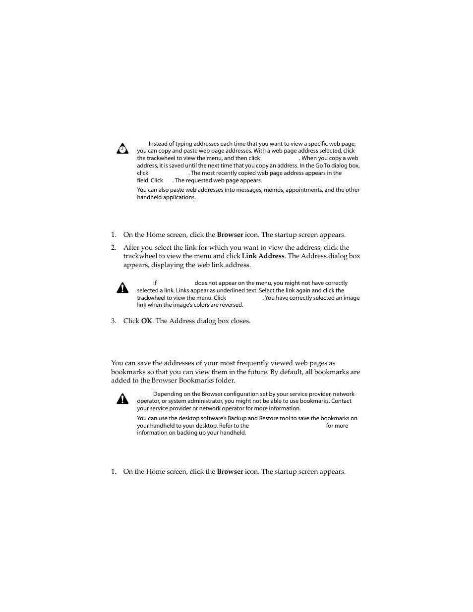 To view web link addresses, Using bookmarks, To add bookmarks | Blackberry 6210 User Manual | Page 176 / 311