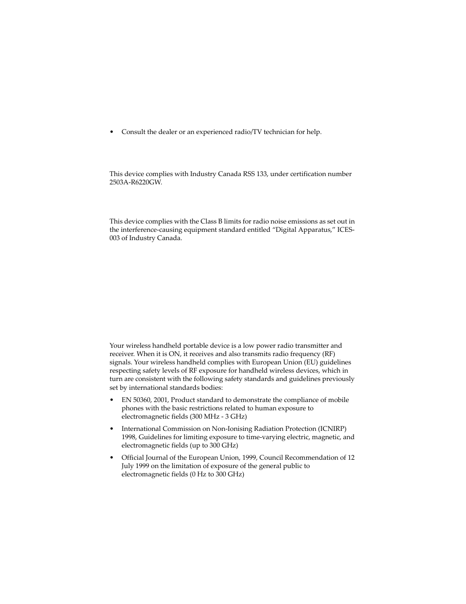 Industry canada certification, Class b compliance, Important safety/compliance information | Exposure to radio frequency signals | Blackberry 6210 User Manual | Page 18 / 311