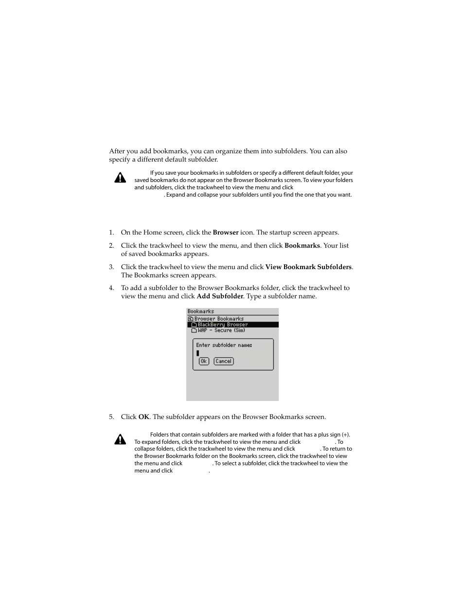 Using bookmark subfolders, To create subfolders | Blackberry 6210 User Manual | Page 180 / 311