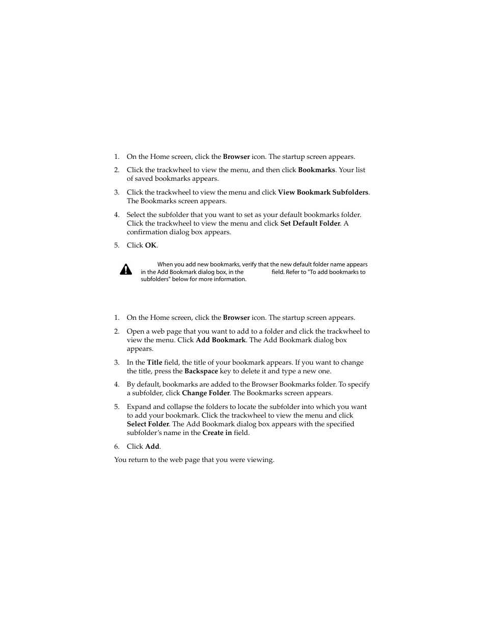 To set a default subfolder, To add bookmarks to subfolders | Blackberry 6210 User Manual | Page 181 / 311