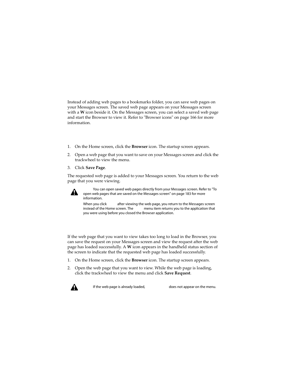 To save requests, Saving web pages to your messages screen | Blackberry 6210 User Manual | Page 182 / 311