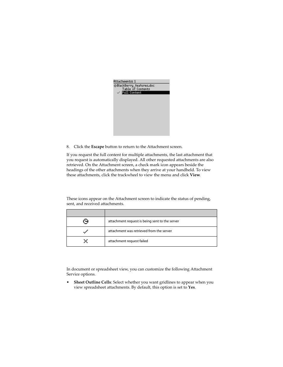 Attachment status icons, Setting attachment service options | Blackberry 6210 User Manual | Page 190 / 311