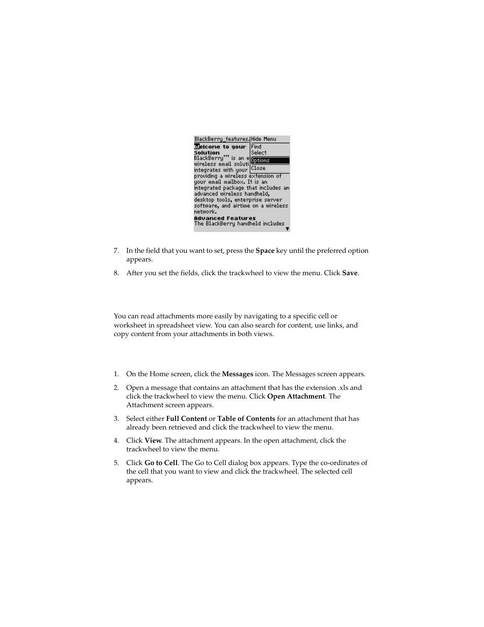 Navigating attachments, To navigate to a specific cell | Blackberry 6210 User Manual | Page 192 / 311