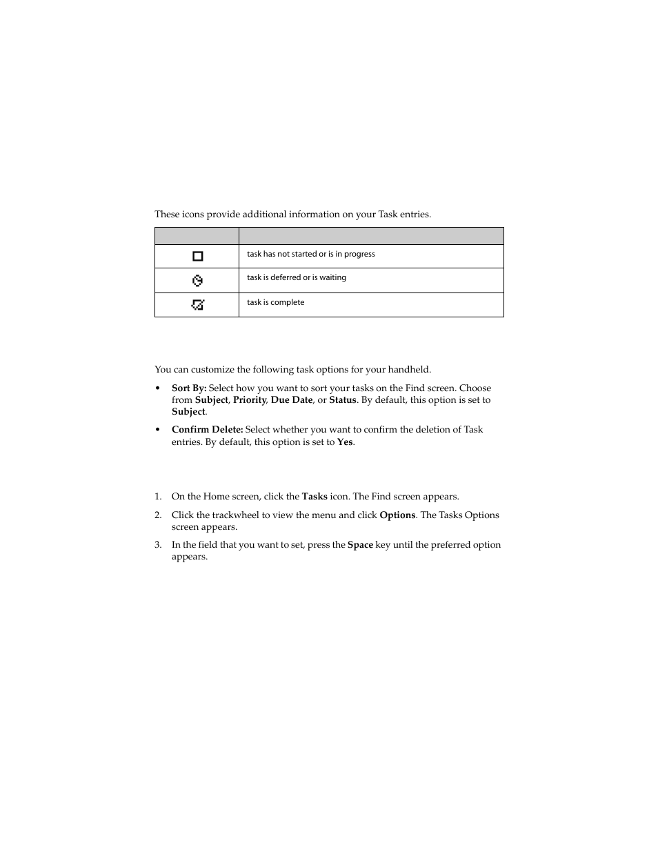 Tasks icons, Setting task options, To set task options | Tasks icons setting task options | Blackberry 6210 User Manual | Page 200 / 311