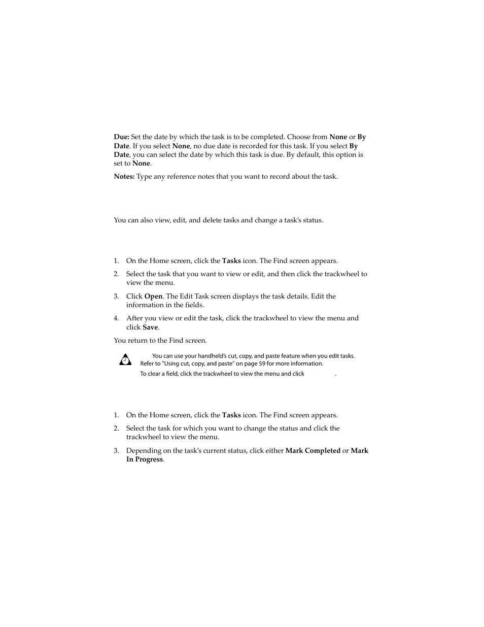 Managing tasks, To view and edit tasks, To change a task’s status | Blackberry 6210 User Manual | Page 203 / 311