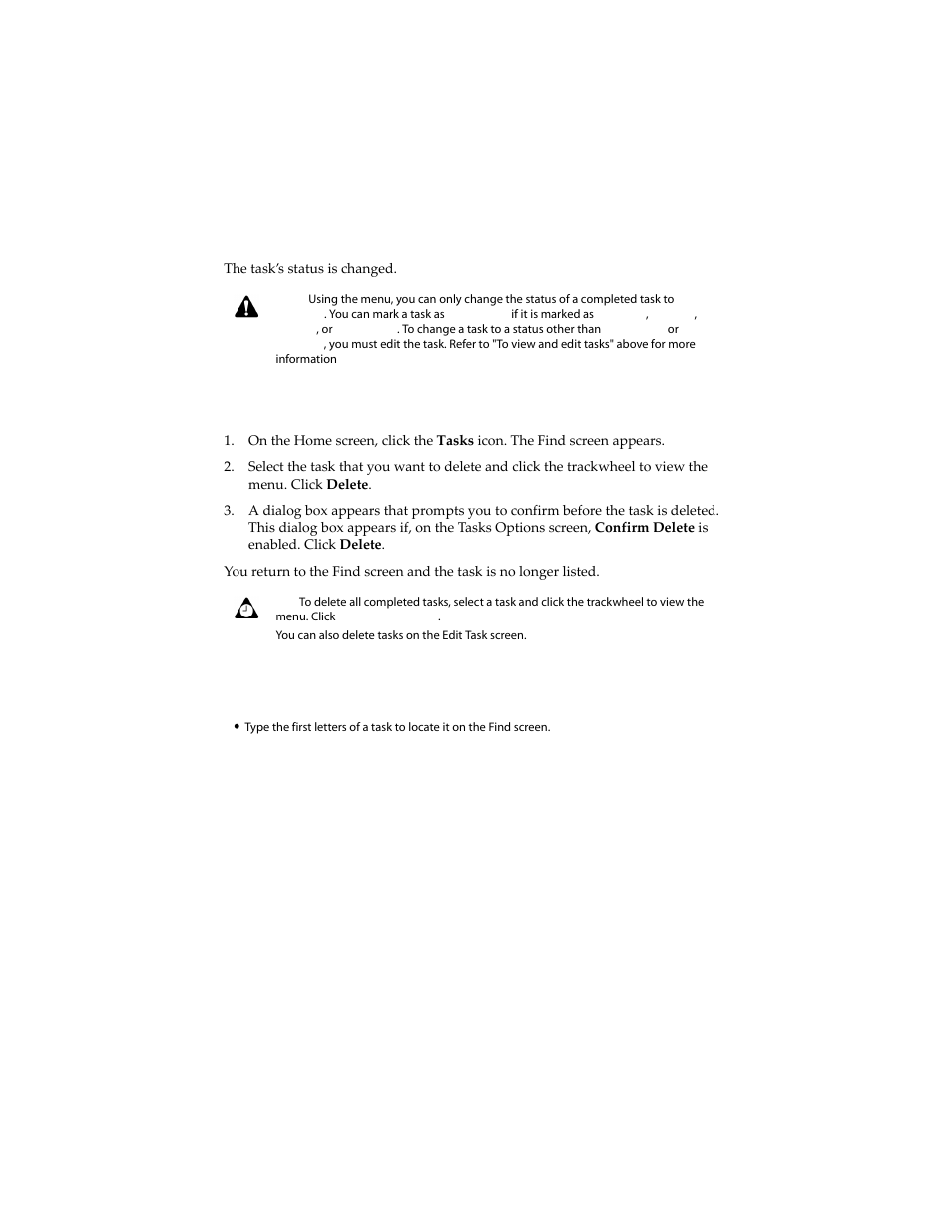 To delete tasks, Tips for using the tasks application | Blackberry 6210 User Manual | Page 204 / 311