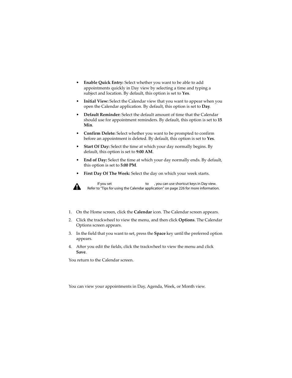 To set calendar options, Changing views | Blackberry 6210 User Manual | Page 207 / 311