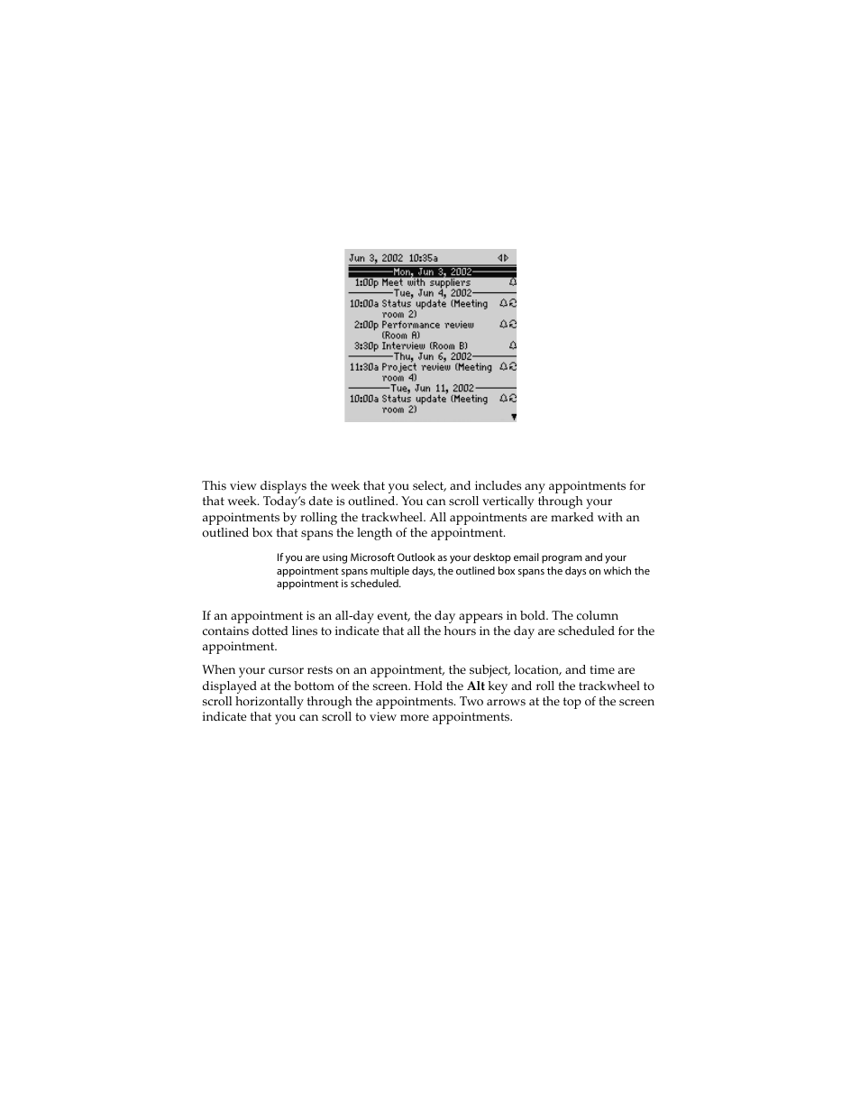 Week view | Blackberry 6210 User Manual | Page 209 / 311