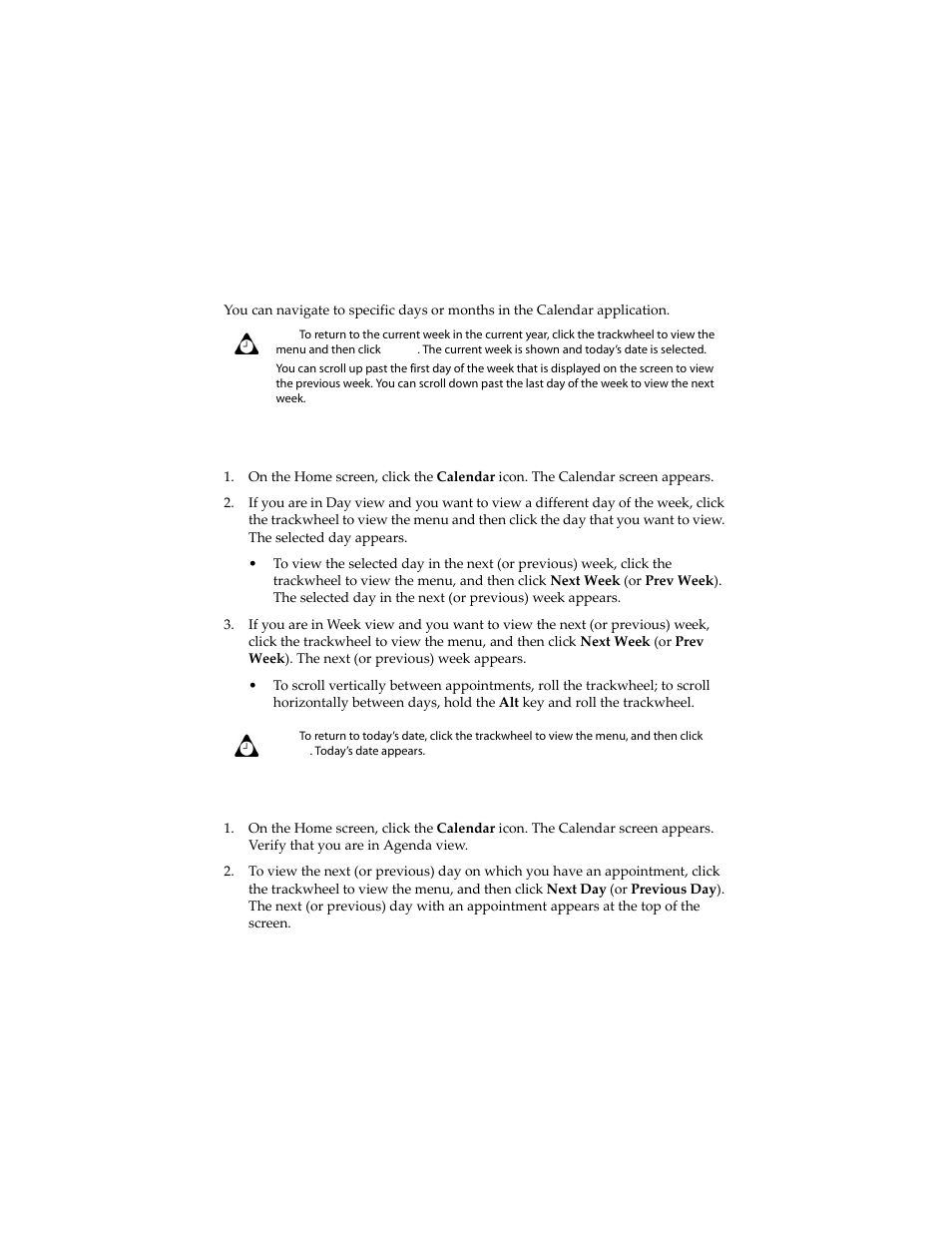 Navigating in the calendar application, To navigate in day and week views, To navigate in agenda view | Blackberry 6210 User Manual | Page 211 / 311