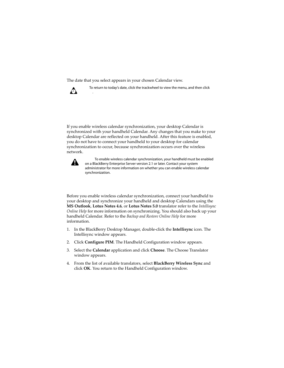 Enabling wireless calendar synchronization, To enable wireless calendar synchronization | Blackberry 6210 User Manual | Page 213 / 311