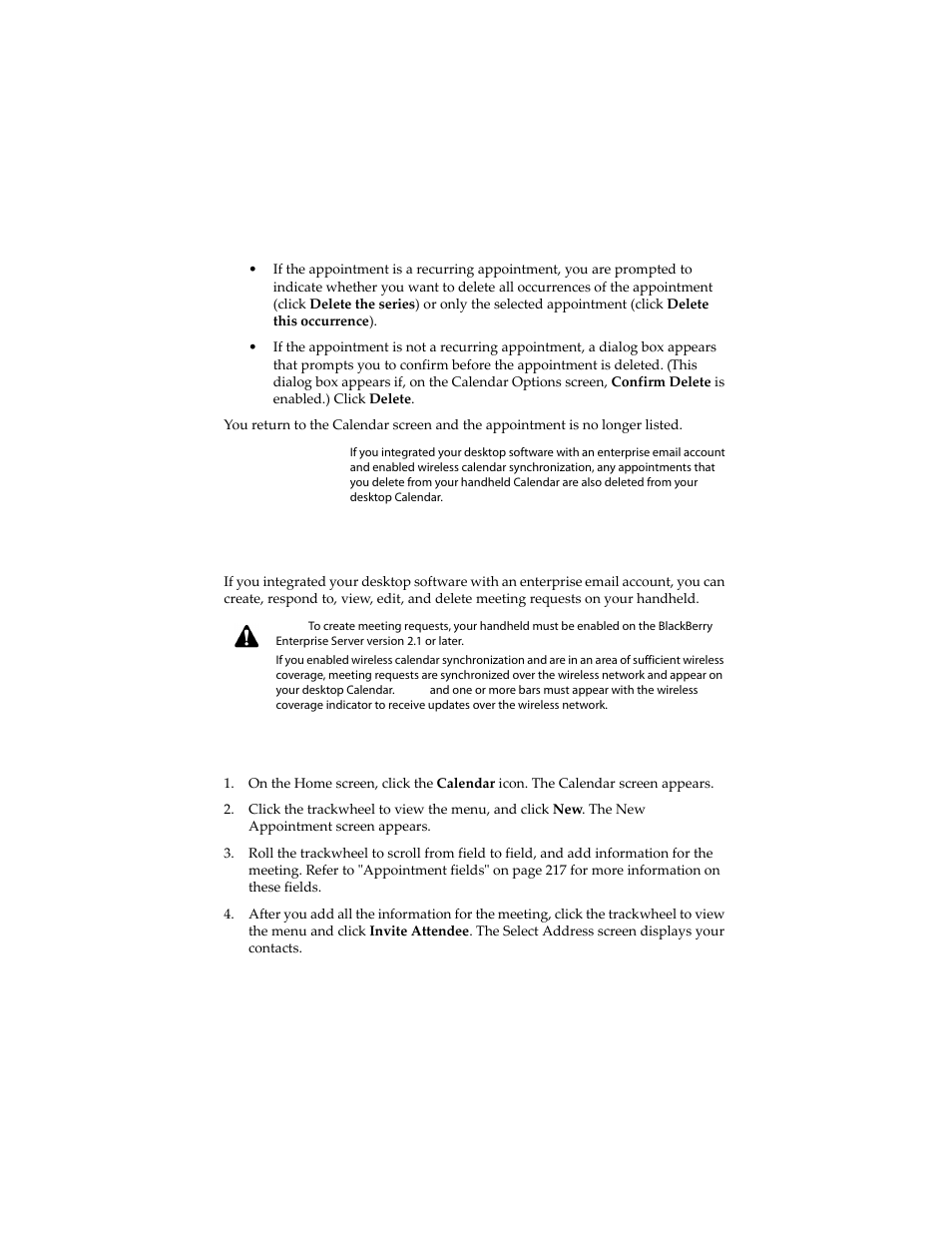 Managing meeting requests, To create meeting requests | Blackberry 6210 User Manual | Page 222 / 311
