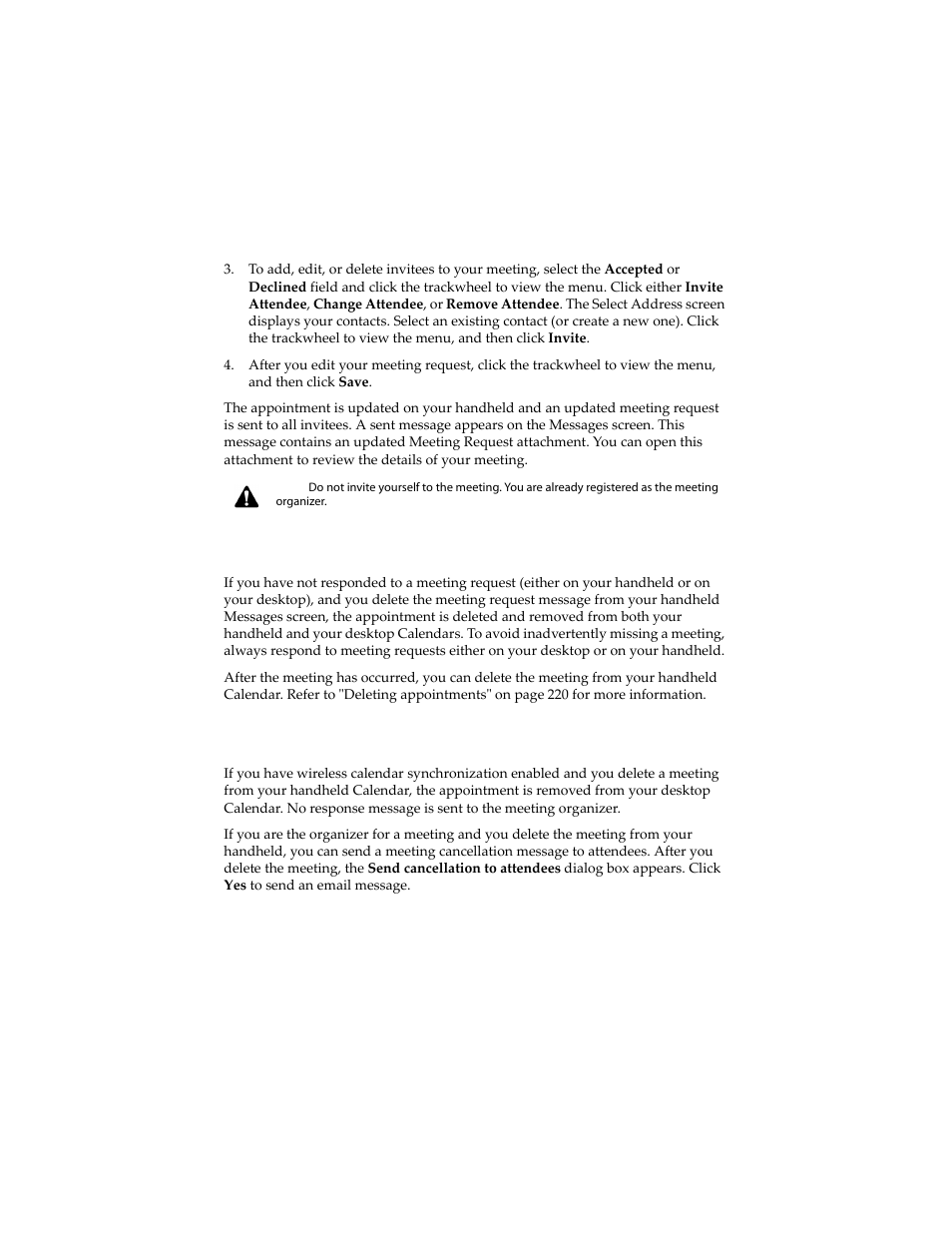 To delete meeting requests, To cancel meetings | Blackberry 6210 User Manual | Page 225 / 311