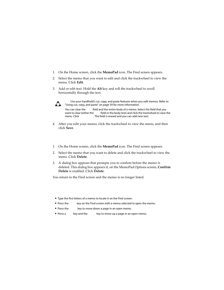 To edit memos, To delete memos, Tips for using the memopad application | Blackberry 6210 User Manual | Page 230 / 311