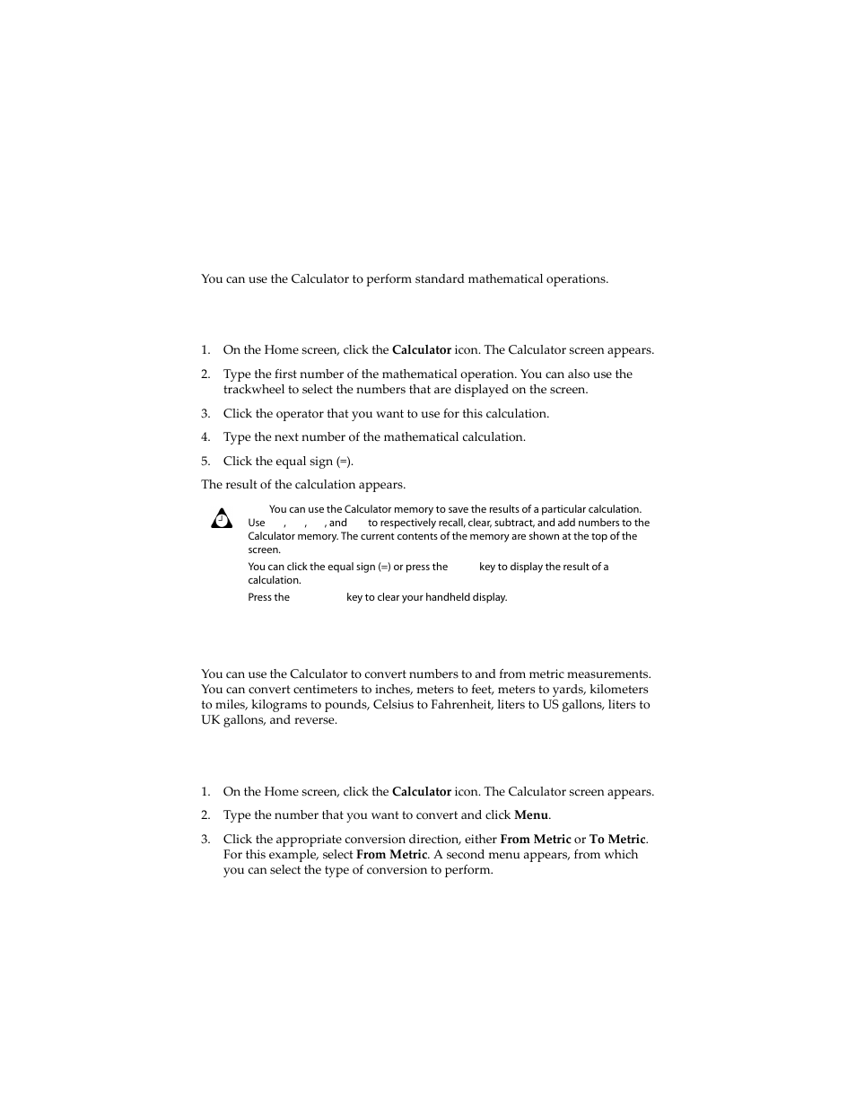 Performing mathematical operations, To perform a calculation, Performing measurement conversions | To convert measurements | Blackberry 6210 User Manual | Page 232 / 311