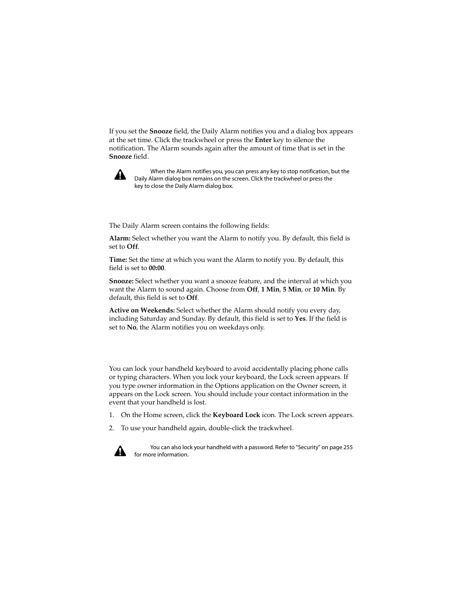 Alarm fields, Locking the keyboard | Blackberry 6210 User Manual | Page 237 / 311