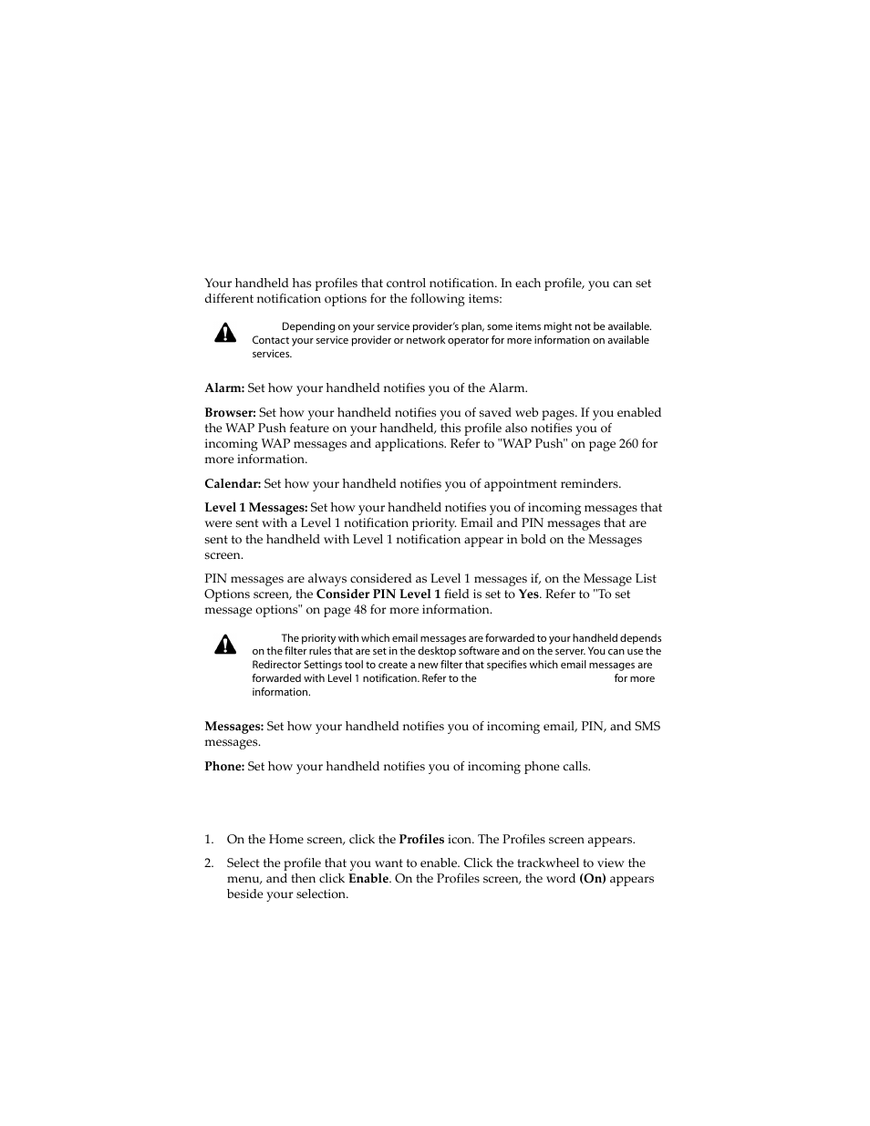Customizing notification profiles, To enable a notification profile | Blackberry 6210 User Manual | Page 238 / 311