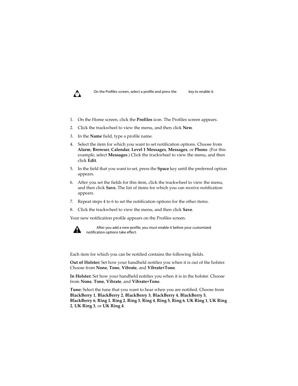 To add a notification profile, Profile fields | Blackberry 6210 User Manual | Page 239 / 311