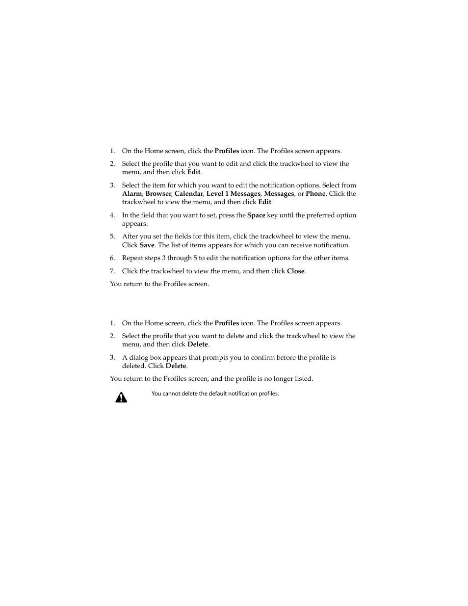 To edit notification profiles, To delete a notification profile | Blackberry 6210 User Manual | Page 245 / 311