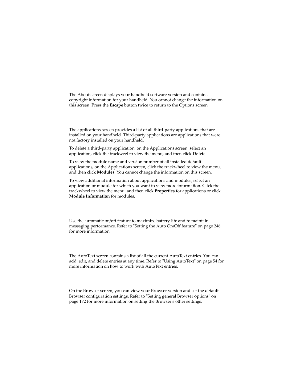 About, Applications, Auto on/off | Autotext, Browser | Blackberry 6210 User Manual | Page 250 / 311